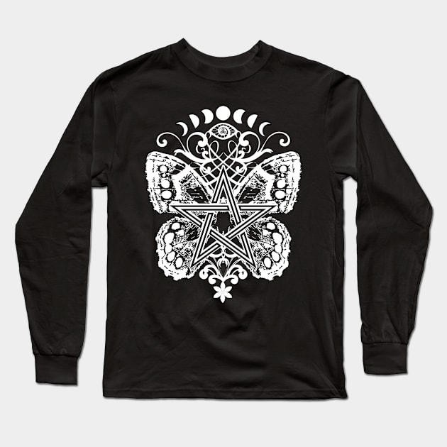 Mystical Pentagram Ornament Butterfly and Moons Long Sleeve T-Shirt by Nartissima